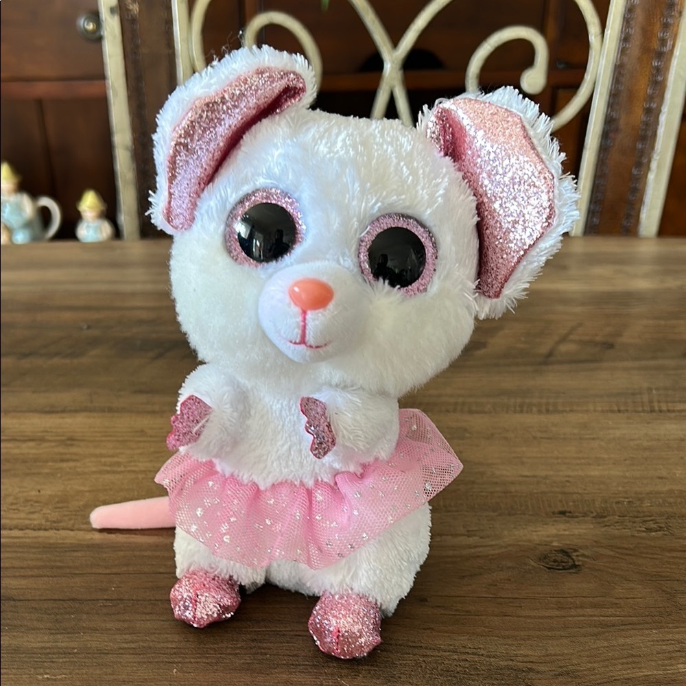 Ty Beanie Boos Nina Medium 7 inches White Mouse Big Pink Sparkle Eyes No Tag